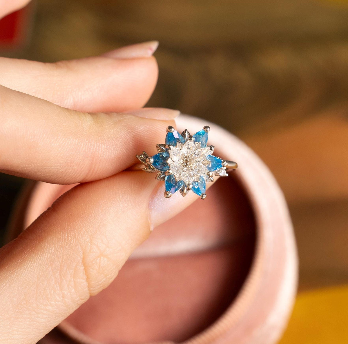 Gift for Mom Lotus Flower Ring, Aquamarine Blue & White CZ Ring, Meaningful Jewelry for Mother, Birthday Gift, Emotional Gift for Her