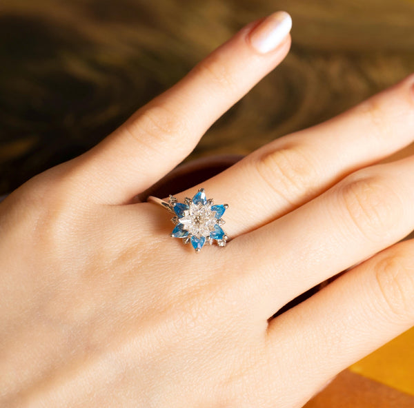 Gift for Mom Lotus Flower Ring, Aquamarine Blue & White CZ Ring, Meaningful Jewelry for Mother, Birthday Gift, Emotional Gift for Her