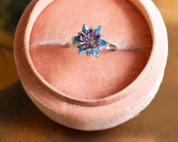 Blue Topaz & Amethyst Lotus Ring, Unique Birthstone Flower Ring, Sterling Silver Lotus Engagement Ring Alternative, Romantic Gift for Her