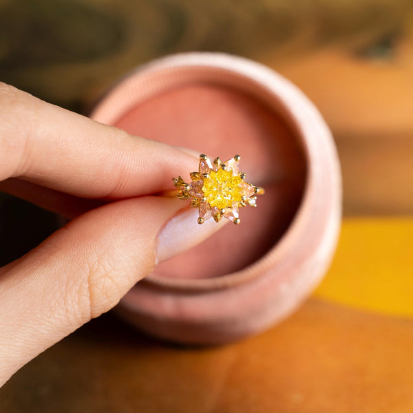 Gift for Mom Lotus Ring, Pink Quartz & Citrine Flower Ring, Birthstone Style Ring, Lotus Flower Jewelry for Mother, Birthday Gift Wife