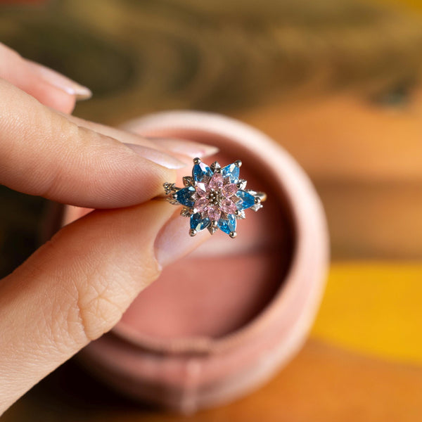 Gift for Mom Lotus Ring, Aquamarine & Pink Quartz Ring, Birthstone Lotus Flower Ring, Meaningful Jewelry for Mother, Birthday Gift