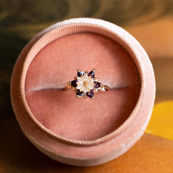 Gift for Mom Lotus Ring, Amethyst & White Zircon Ring, February Birthstone Flower Ring, Lotus Jewelry for Mother, Birthday Gift