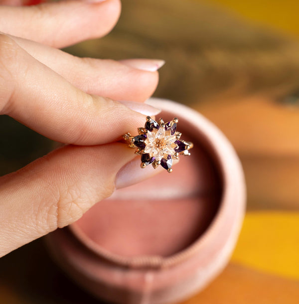 Gift for Mom Lotus Ring, Amethyst & White Zircon Ring, February Birthstone Flower Ring, Lotus Jewelry for Mother, Birthday Gift
