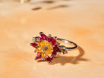 Gift for Mom Lotus Ring, Ruby & Citrine Flower Ring, July Birthstone Ring, Lotus Jewelry for Mother, Birthday Gift