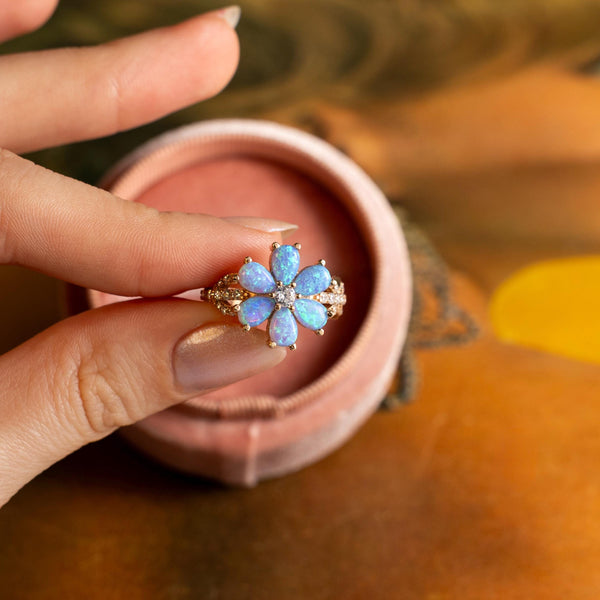 Blue Opal Flower Ring, Eda Yildiz Inspired Ring, Marquise Floral Gemstone Ring Unique Promise Ring, Sen Cal Kapimi Jewelry, Engagement Ring