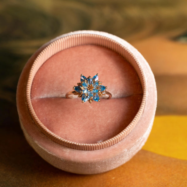 Aquamarine Lotus Ring, March Birthstone Ring, Blue Gemstone Flower Ring, Dainty Floral Ring, Gift for Mom Jewelry, Promise Ring