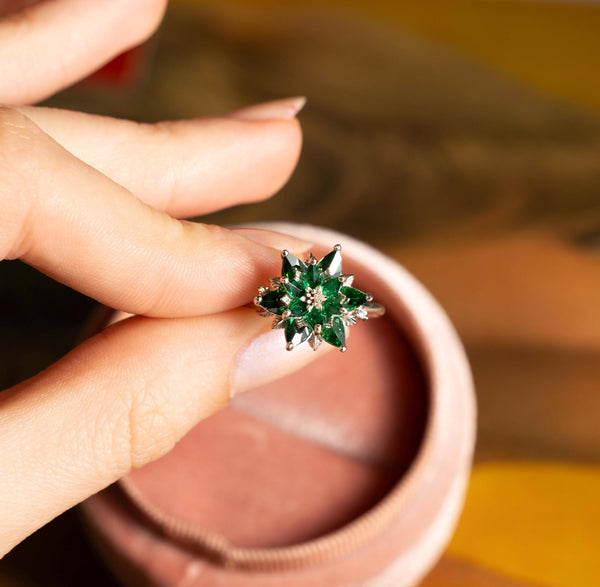 Emerald Lotus Ring, May Birthstone Ring, Green Gemstone Flower Ring, Dainty Floral Ring, Gift for Mom Jewelry, Promise Ring
