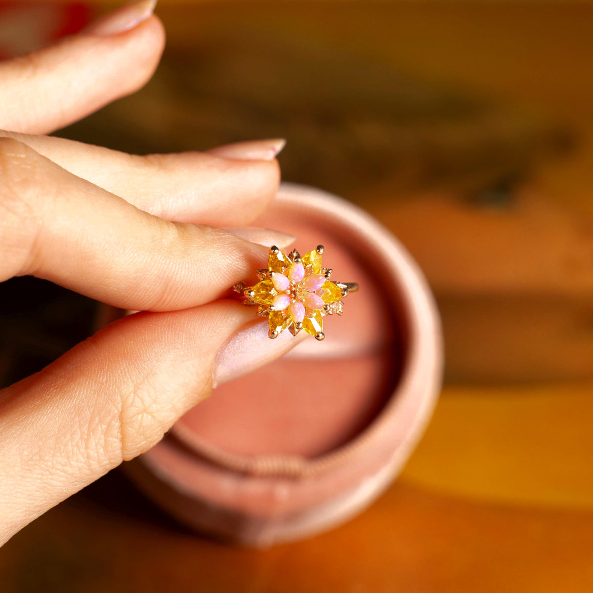 Citrine Pink Opal Lotus Ring, Dual Birthstone Ring for Mom, Custom Birthstone Ring, Meaningful Gift for Her, Mother’s Day Gift