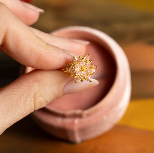 Pink Quartz Lotus Ring, Pink Gemstone Flower Ring, Dainty Floral Ring, Gift for Mom Jewelry, Romantic Promise Ring, Feminine Jewelry