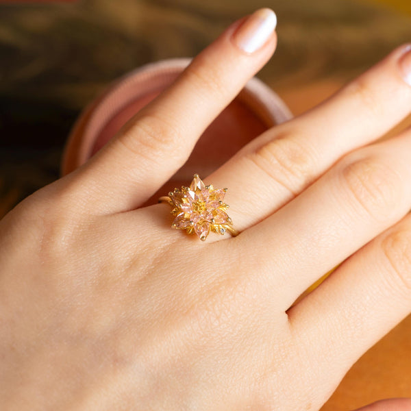 Pink Quartz Lotus Ring, Pink Gemstone Flower Ring, Dainty Floral Ring, Gift for Mom Jewelry, Romantic Promise Ring, Feminine Jewelry