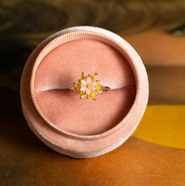Citrine Pink Opal Lotus Ring, Dual Birthstone Ring for Mom, Custom Birthstone Ring, Meaningful Gift for Her, Mother’s Day Gift