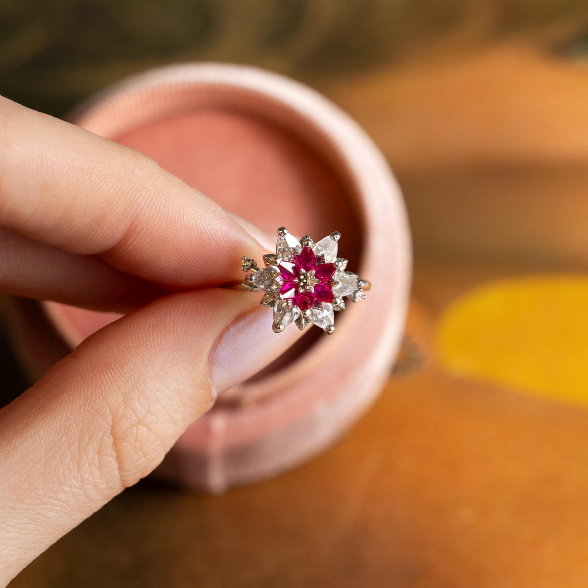 Ruby Lotus Flower Ring with White Zircon – Floral Engagement Ring, July Birthstone Lotus Ring, Romantic Promise Ring Gift for Her