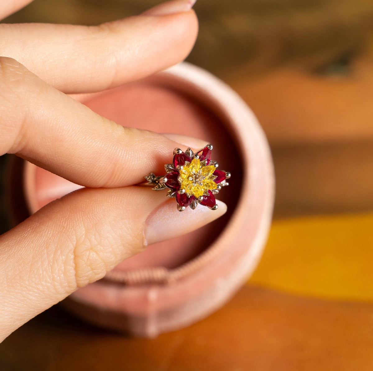Gift for Mom Lotus Ring, Ruby & Citrine Flower Ring, July Birthstone Ring, Lotus Jewelry for Mother, Birthday Gift