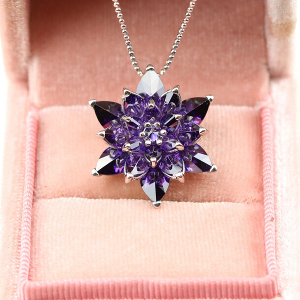 Solid Gold Amethyst Lotus Necklace, 14K 18K 22K Gold, February Birthstone Necklace, Gift for Her, Luxury Lotus Pendant, Anniversary Gift
